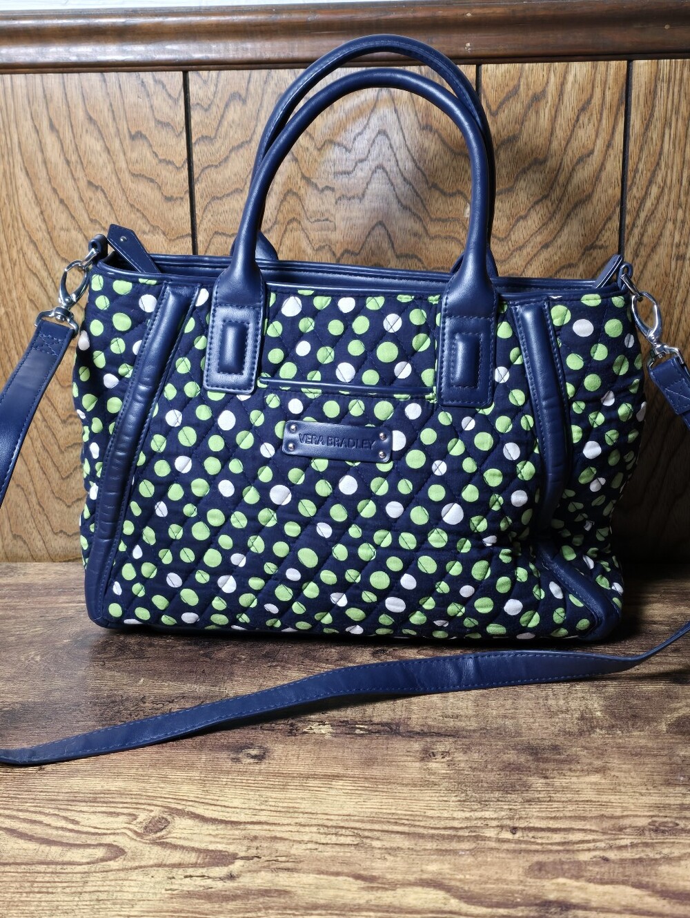 Vera Bradley Navy Quilted Satchel with Lime Dot Print